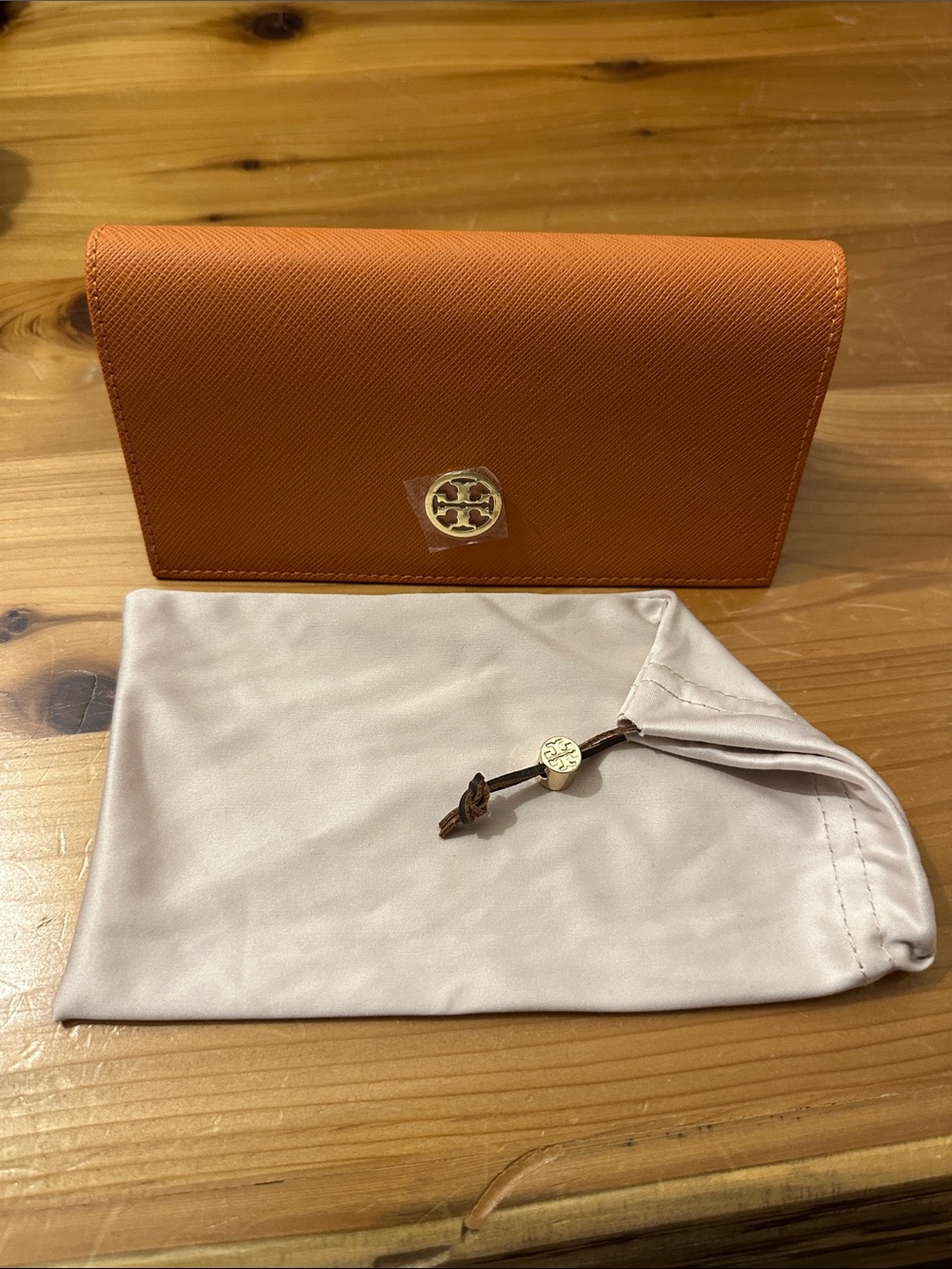 Tory Burch Orange Saffiano Leather eyeglass sunglass case with Gold Logo